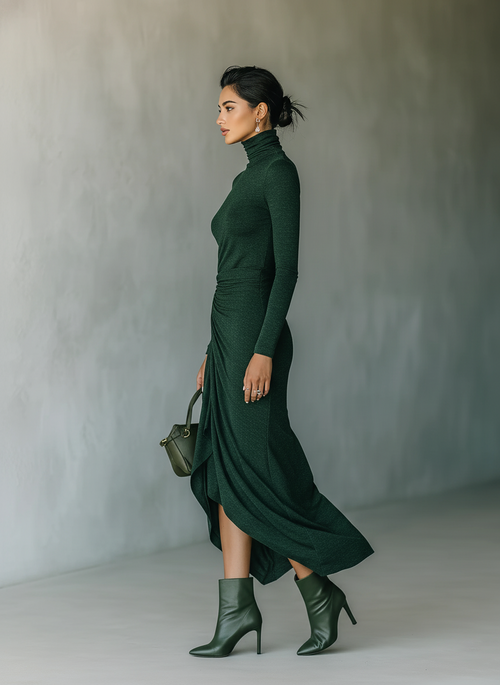 Women's Dark Green High-elastic Knitted High-neck Wrap Dress Midi Dress