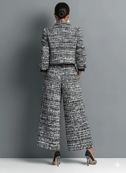 Women's Tweed Blend Single-Breasted Cropped Jacket And Wide-Leg Pants Set MDA2589H6Y