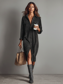 Women's Loose Corduroy Double Chest Pocket Single Breasted Midi Dress