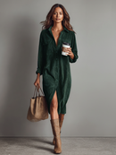 Women's Loose Corduroy Double Chest Pocket Single Breasted Midi Dress