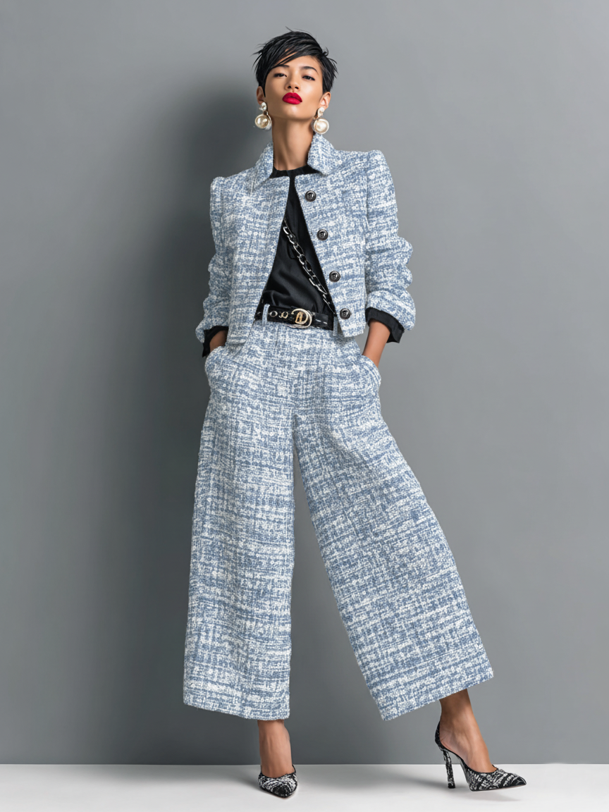 Women's Tweed Blend Single-Breasted Cropped Jacket And Wide-Leg Pants Set MDA2589H6Y