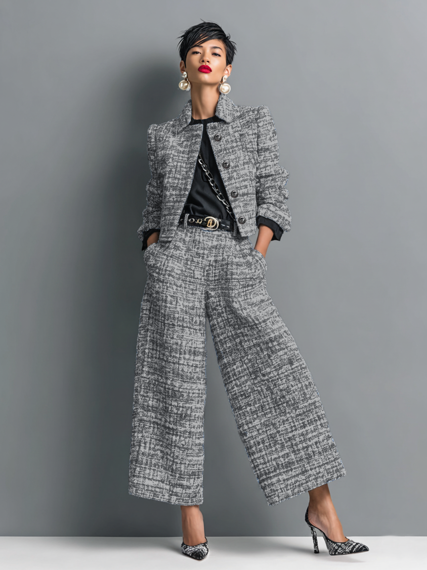 Women's Tweed Blend Single-Breasted Cropped Jacket And Wide-Leg Pants Set MDA2589H6Y
