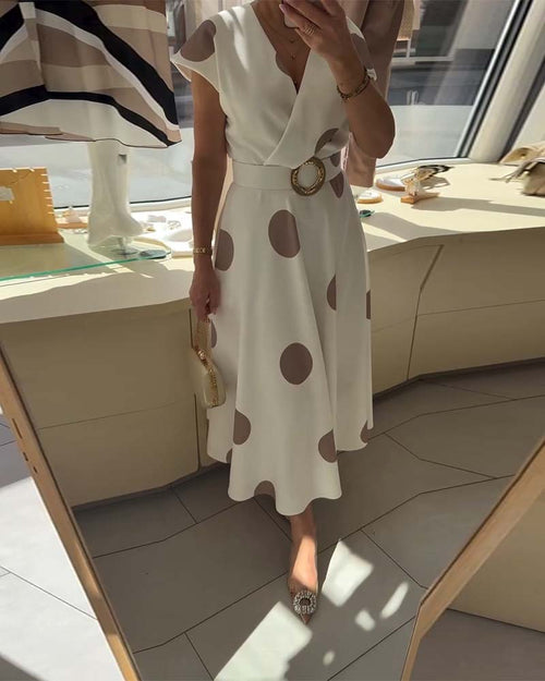 Polka Dot Fitted V-Neck Dress