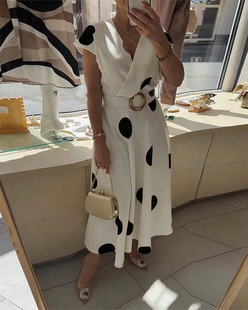 Polka Dot Fitted V-Neck Dress