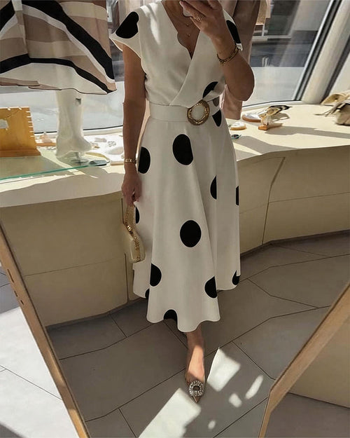 Polka Dot Fitted V-Neck Dress