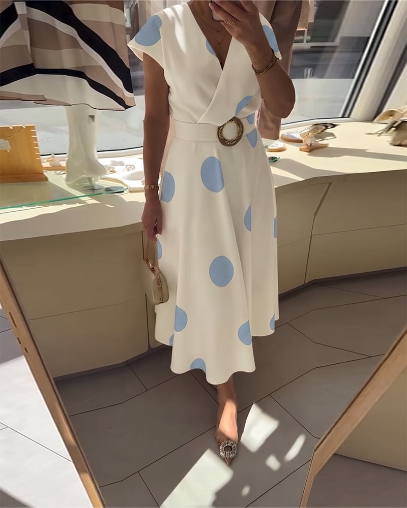 Polka Dot Fitted Dress with V-Neckline