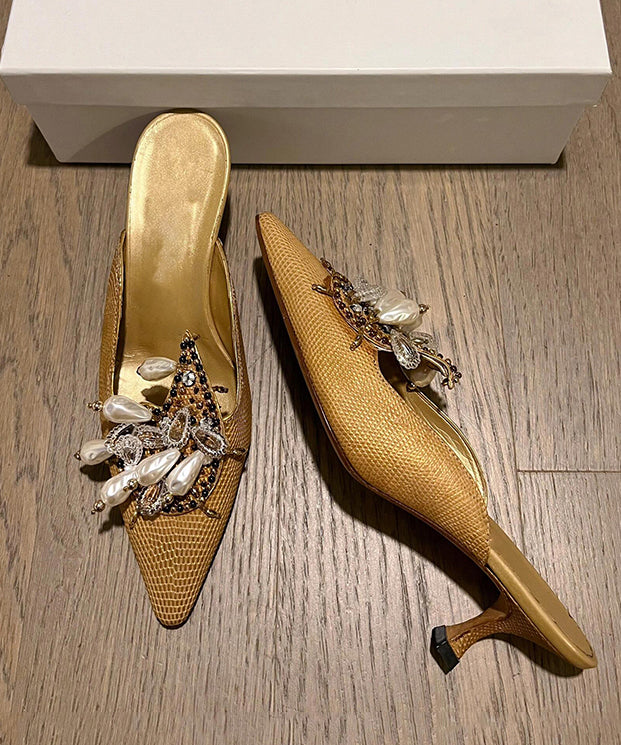 Golden Slide Sandals 2025 New French Pointed Toe Bead Decorated
