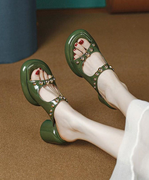 Green Faux Leather Chic Rivet Splicing Peep Toe Chunky Slide Sandals