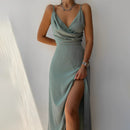 Women's Low V-Neck Sleeveless Maxi Dress With Front Slit – Elegant Evening Gown