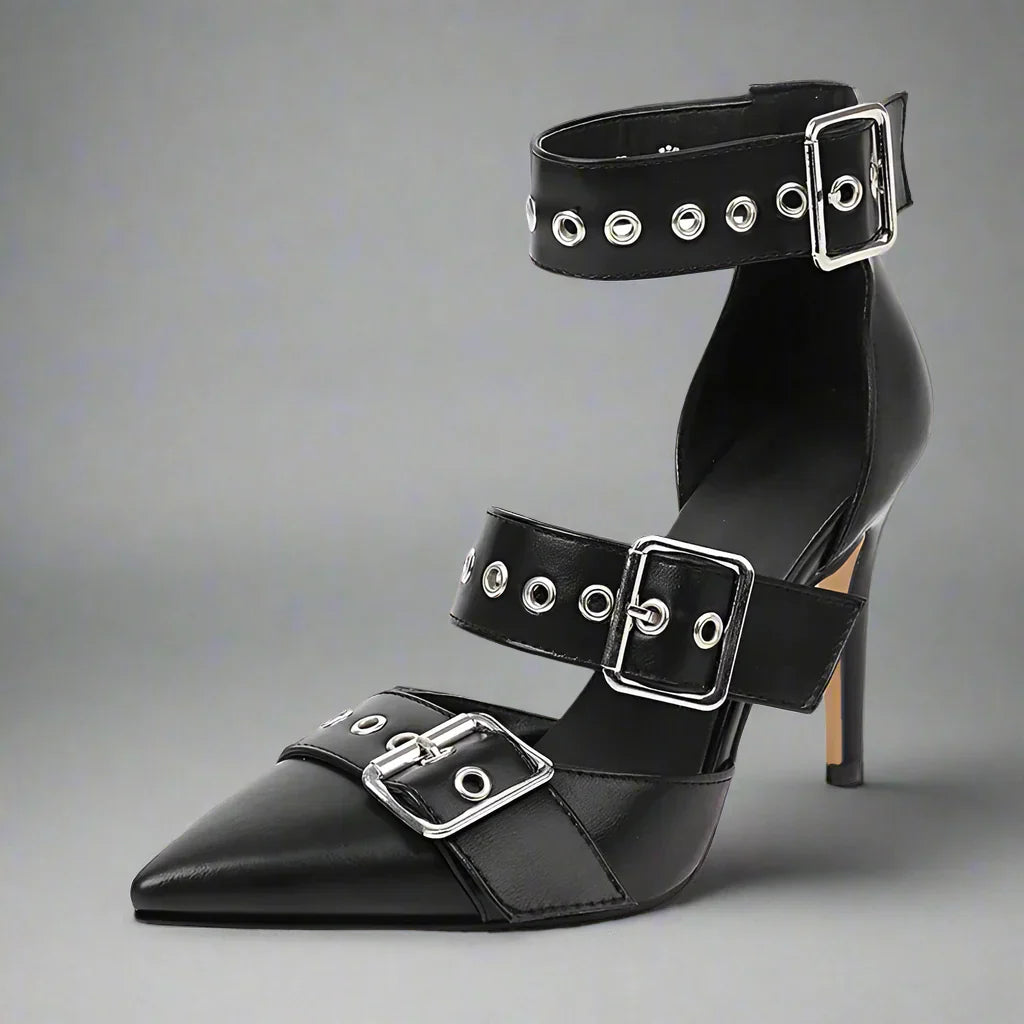 Women's Gothic-Style Studded Buckle High Heels – Bold Edgy Stiletto Shoes