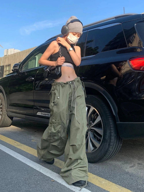 Army Green Low Rise Parachute Women Cyber Y2K Vintage Joggers Pant