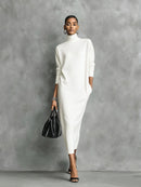 Women's Elegant Black Knitted Turtleneck Long-sleeved Loose-fitting  Midi Dress With No Pockets