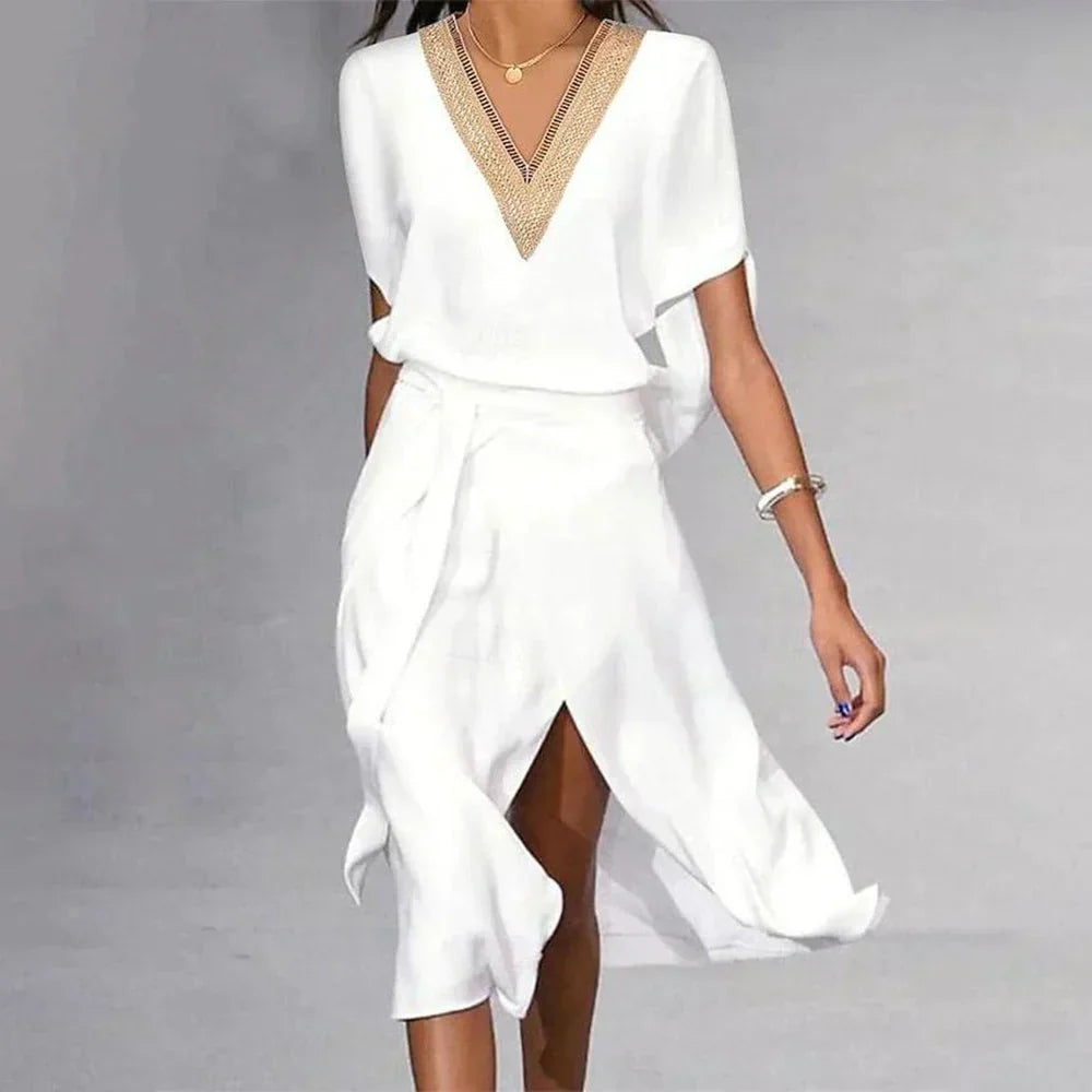 Women’s White Bohemian V-Neck Dress - Short Sleeve Summer Gown