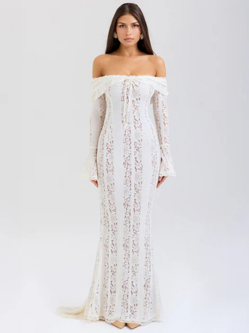 Women's Off-Shoulder Lace Flowing Silhouette Maxi Dress – Elegant Long Sleeve Occasion Gown