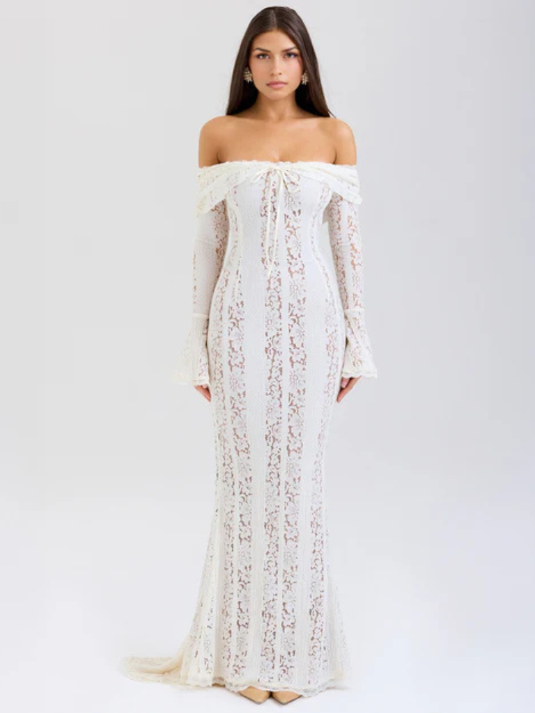 Women's Off-Shoulder Lace Flowing Silhouette Maxi Dress – Elegant Long Sleeve Occasion Gown