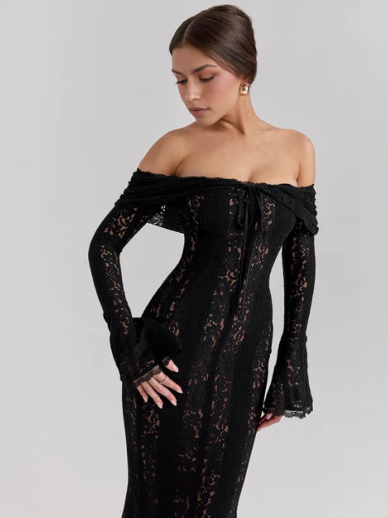 Women's Off-Shoulder Lace Flowing Silhouette Maxi Dress – Elegant Long Sleeve Occasion Gown