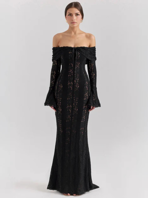 Women's Off-Shoulder Lace Flowing Silhouette Maxi Dress – Elegant Long Sleeve Occasion Gown