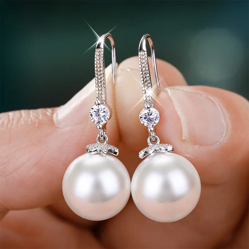 Women's CZ Pearl Drop Earrings – Elegant Silver Round Statement Jewelry