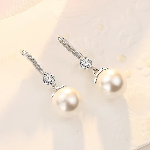 Women's CZ Pearl Drop Earrings – Elegant Silver Round Statement Jewelry