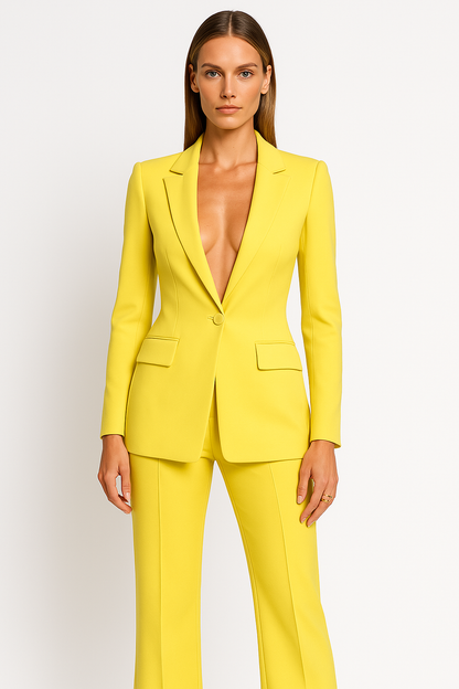 Ladies Plunging Trouser Suit Set – Single-Button Blazer, Straight-Leg
