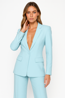 Ladies Plunging Trouser Suit Set – Single-Button Blazer, Straight-Leg