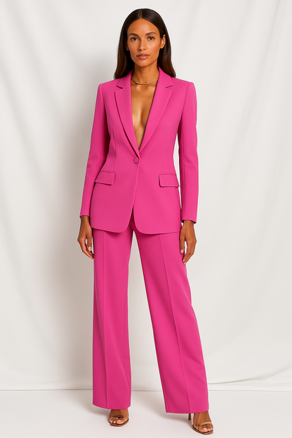 Ladies Plunging Trouser Suit Set – Single-Button Blazer, Straight-Leg
