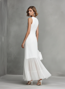 Elegant Women's White Sleeveless Dress With Milk Silk And Chiffon Paneling