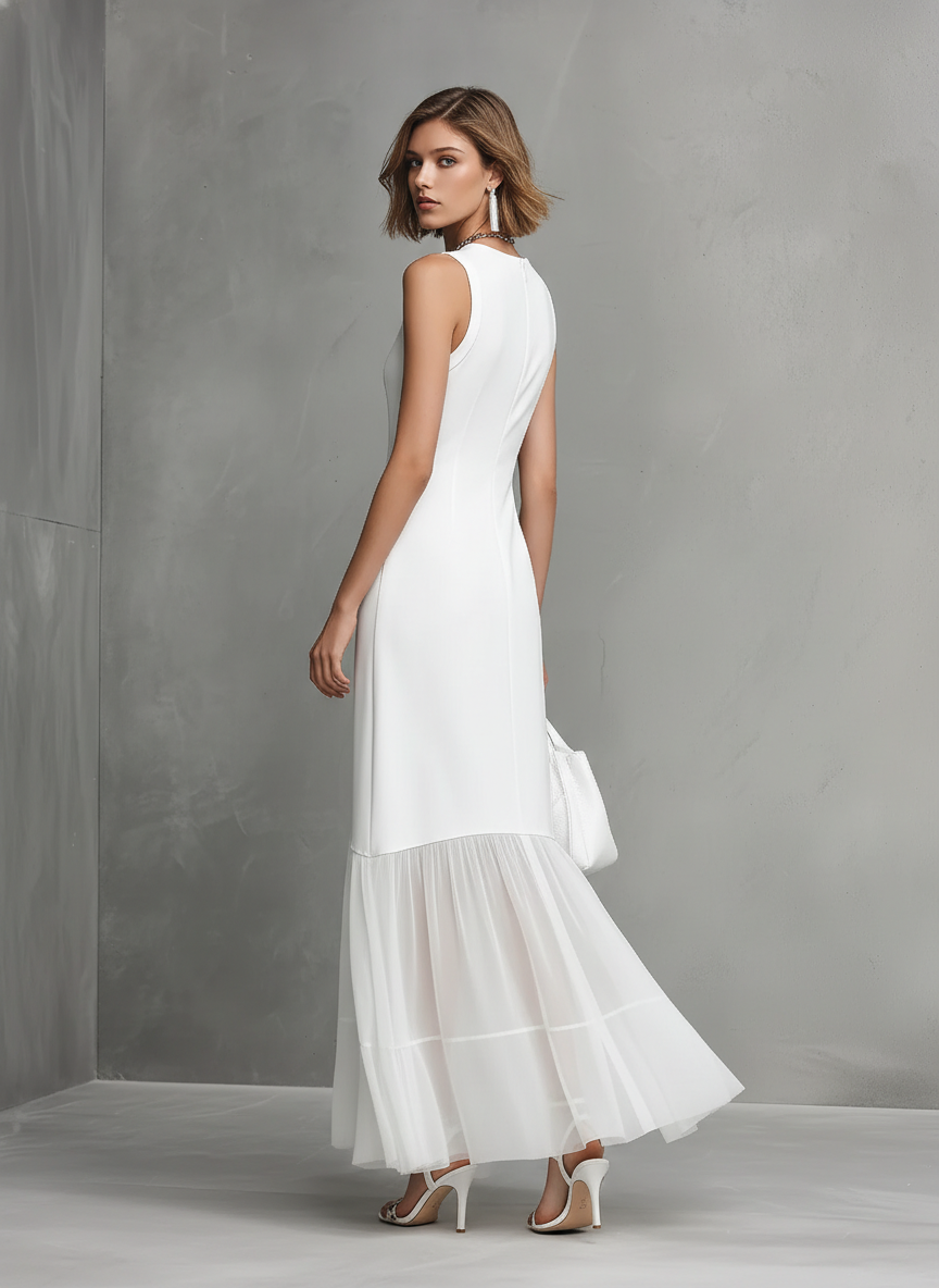 Elegant Women's White Sleeveless Dress With Milk Silk And Chiffon Paneling