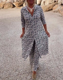 Women’s Patterned Button-Up Shirt Dress And Matching Trousers Set – Chic Two Piece Outfit