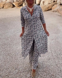 Women’s Patterned Button-Up Shirt Dress And Matching Trousers Set – Chic Two Piece Outfit