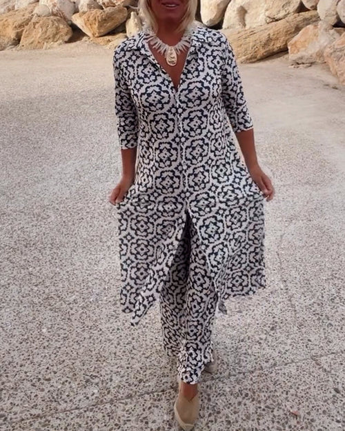 Women’s Patterned Button-Up Shirt Dress And Matching Trousers Set – Chic Two Piece Outfit