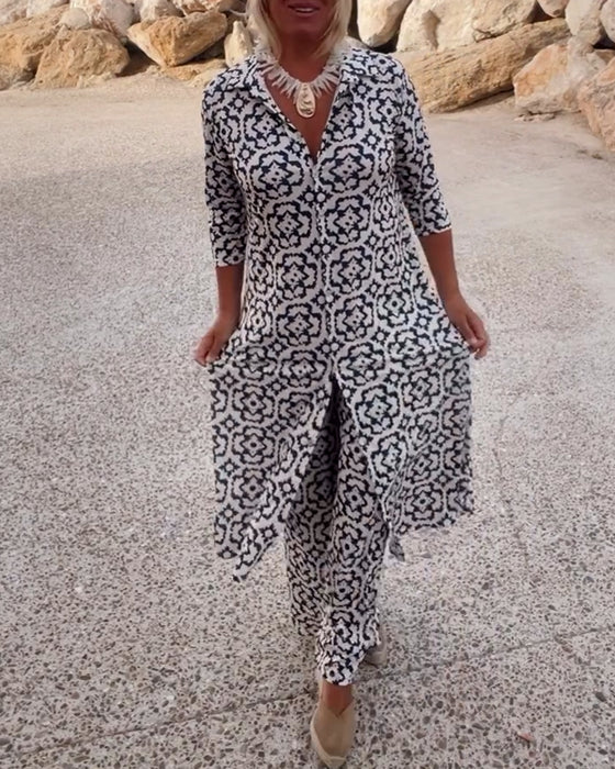 Women’s Patterned Button-Up Shirt Dress And Matching Trousers Set – Chic Two Piece Outfit