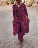 Women’s Patterned Button-Up Shirt Dress And Matching Trousers Set – Chic Two Piece Outfit