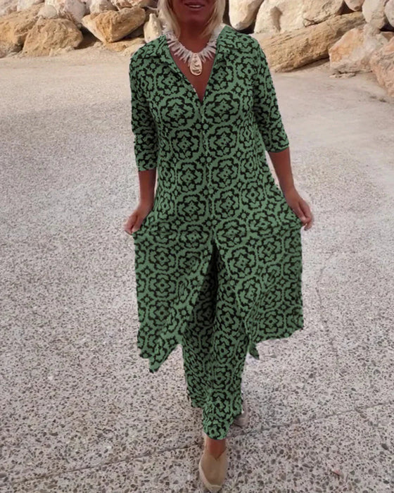 Women’s Patterned Button-Up Shirt Dress And Matching Trousers Set – Chic Two Piece Outfit