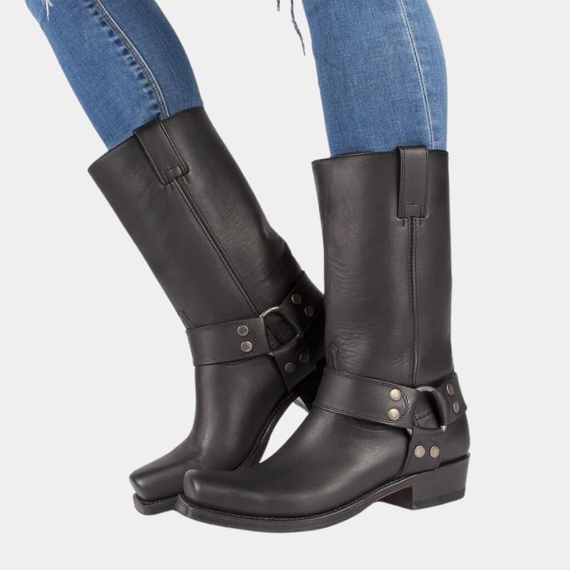 Women’s Vintage Cowboy Boots – Durable Western Harness Design with Classic Square Toe