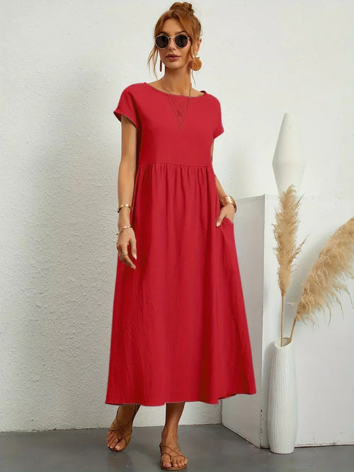 Women's Round Neck Loose-Fit Midi Summer Dress – Lightweight Casual Dress