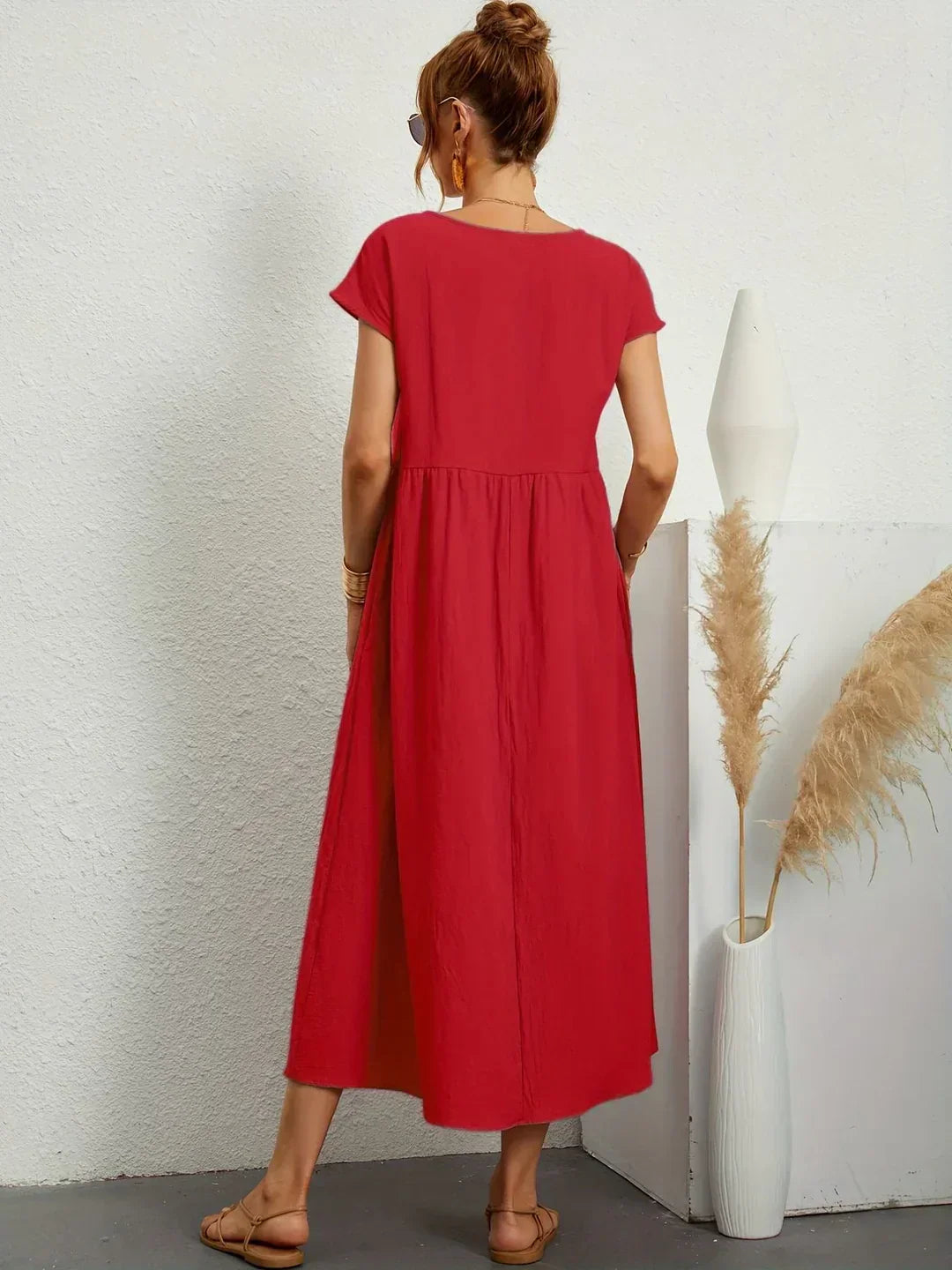 Women's Round Neck Loose-Fit Midi Summer Dress – Lightweight Casual Dress