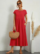 Women's Round Neck Loose-Fit Midi Summer Dress – Lightweight Casual Dress
