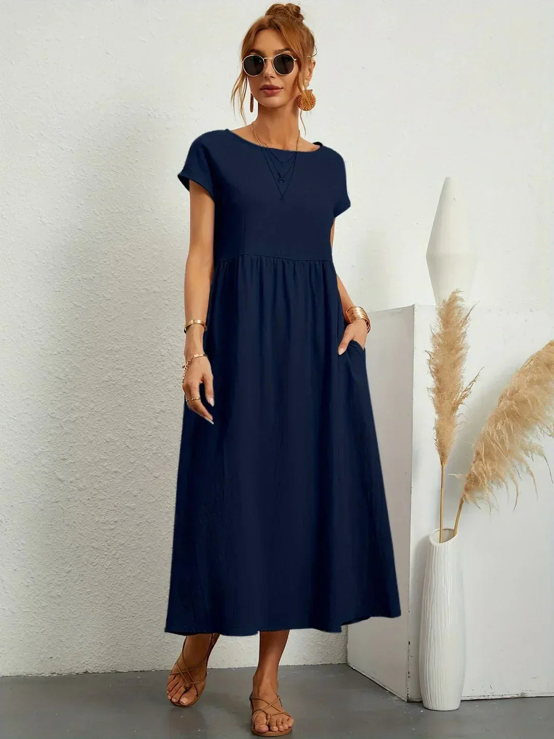 Women's Round Neck Loose-Fit Midi Summer Dress – Lightweight Casual Dress