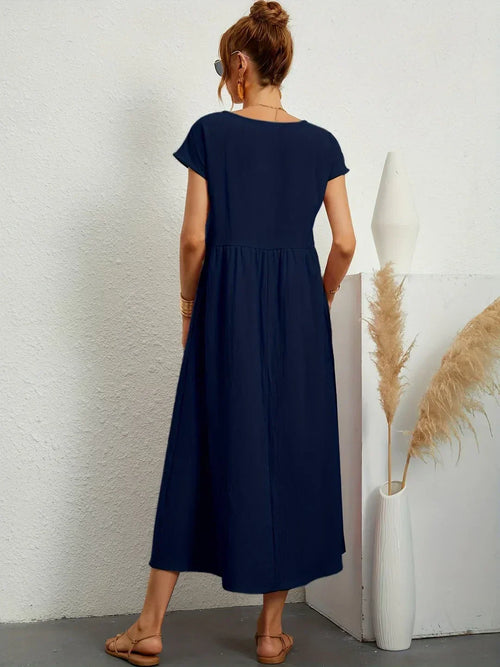 Women's Round Neck Loose-Fit Midi Summer Dress – Lightweight Casual Dress