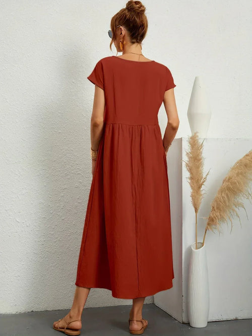 Women's Round Neck Loose-Fit Midi Summer Dress – Lightweight Casual Dress