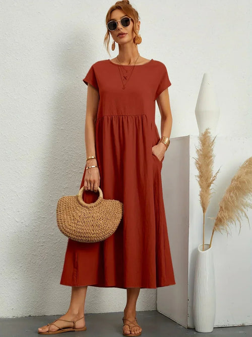 Women's Round Neck Loose-Fit Midi Summer Dress – Lightweight Casual Dress
