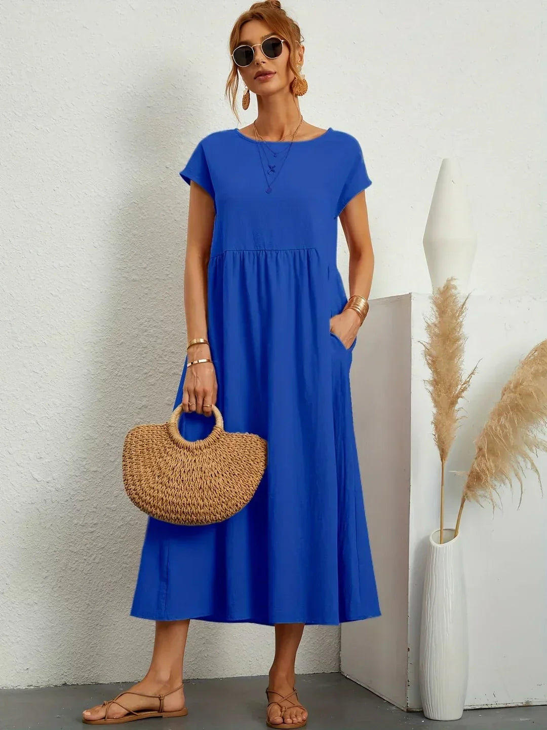 Women's Round Neck Loose-Fit Midi Summer Dress – Lightweight Casual Dress