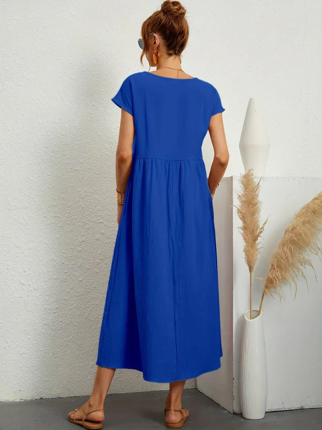 Women's Round Neck Loose-Fit Midi Summer Dress – Lightweight Casual Dress