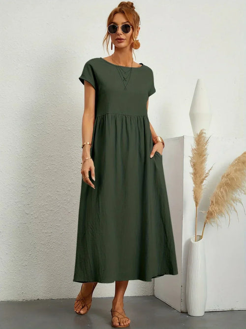Women's Round Neck Loose-Fit Midi Summer Dress – Lightweight Casual Dress