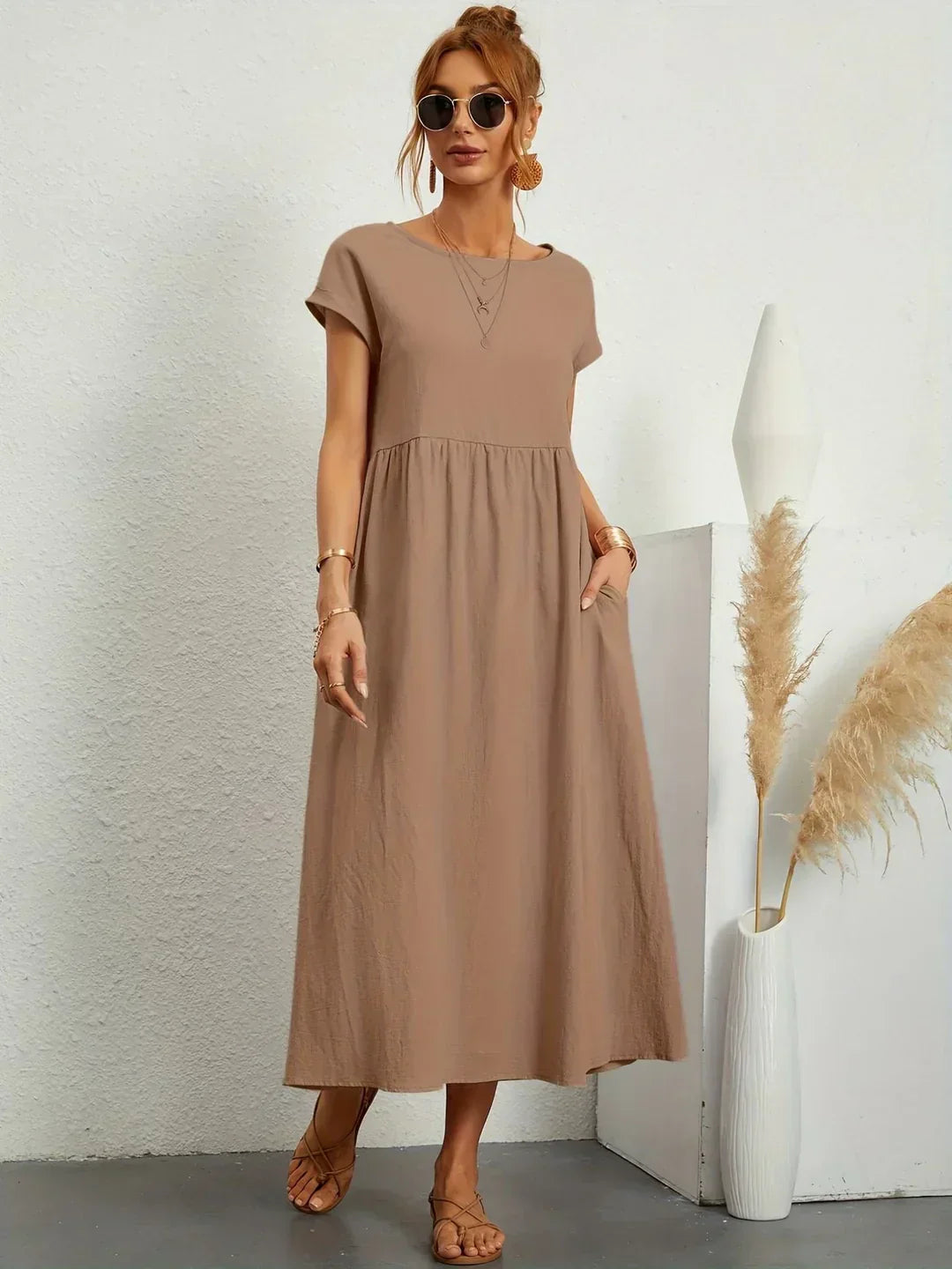 Women's Round Neck Loose-Fit Midi Summer Dress – Lightweight Casual Dress
