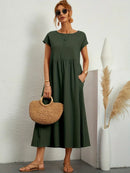 Women's Round Neck Loose-Fit Midi Summer Dress – Lightweight Casual Dress