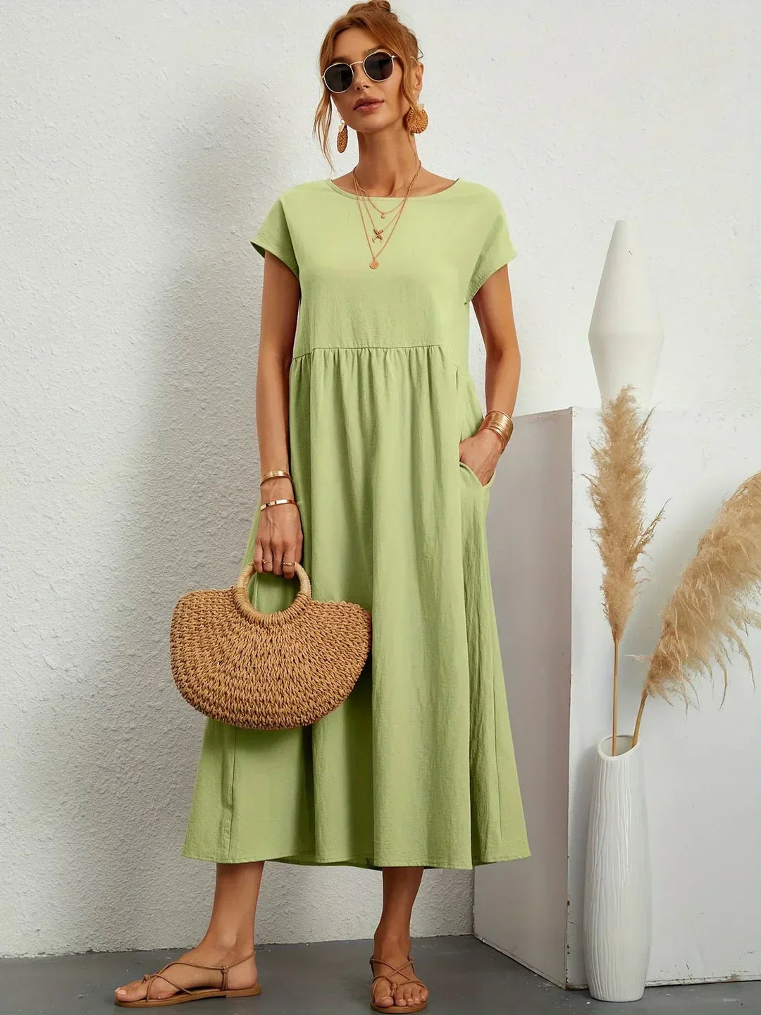 Women's Round Neck Loose-Fit Midi Summer Dress – Lightweight Casual Dress