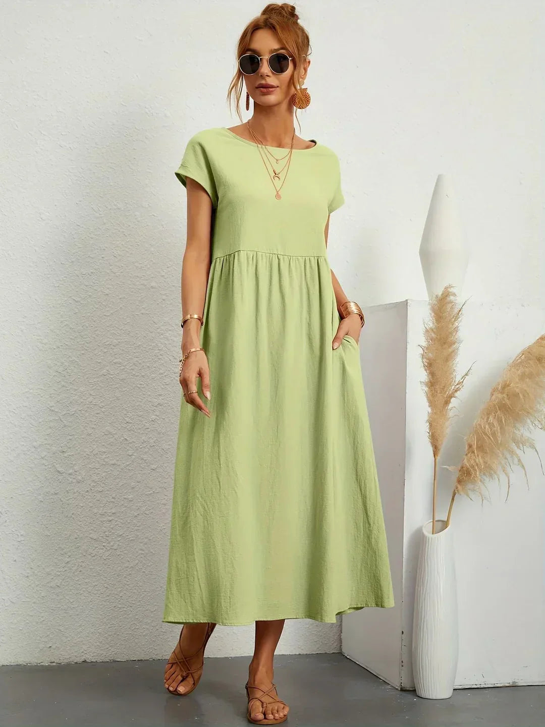 Women's Round Neck Loose-Fit Midi Summer Dress – Lightweight Casual Dress