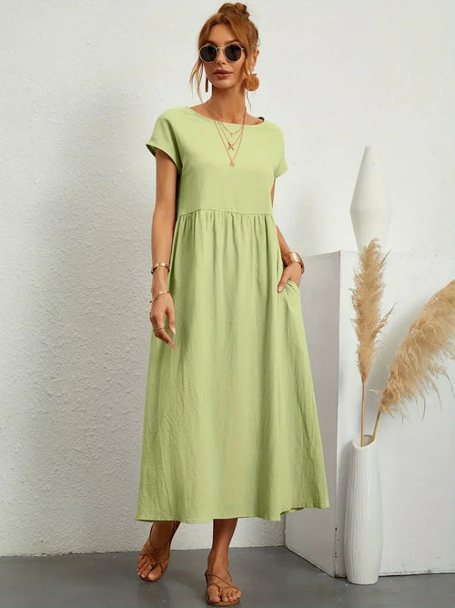 Women's Round Neck Loose-Fit Midi Summer Dress – Lightweight Casual Dress